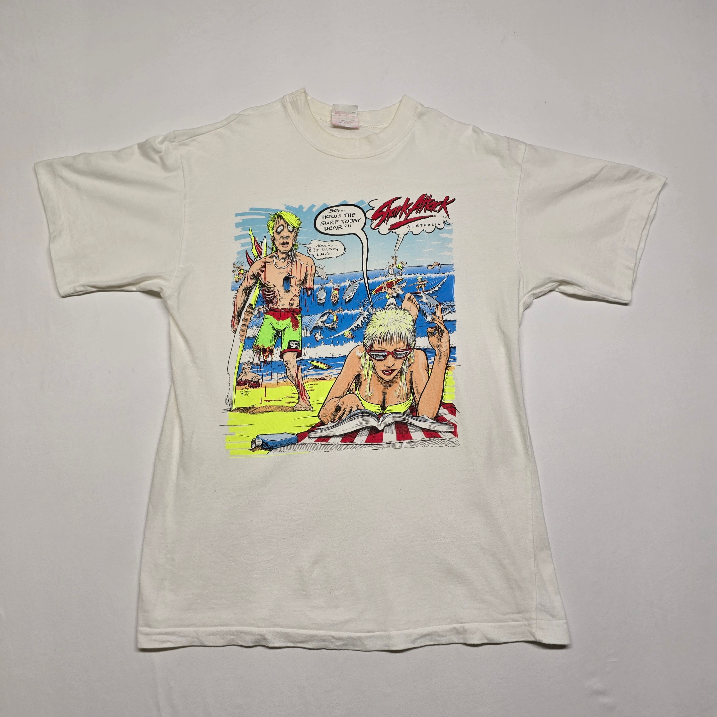 Vintage "Shark Attack" Single Stich T-shirt - Small (Labeled "Large")