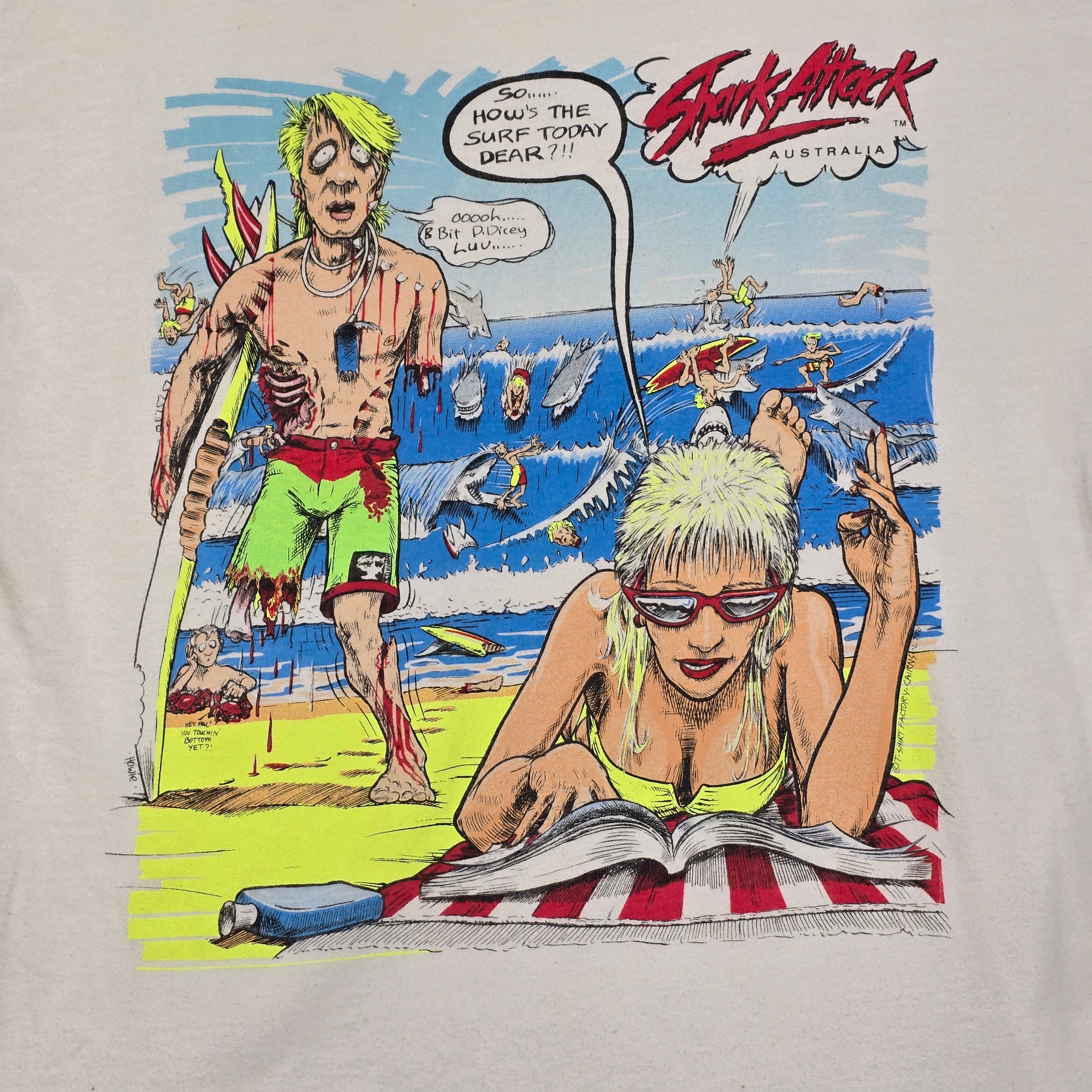 Vintage "Shark Attack" Single Stich T-shirt - Small (Labeled "Large")